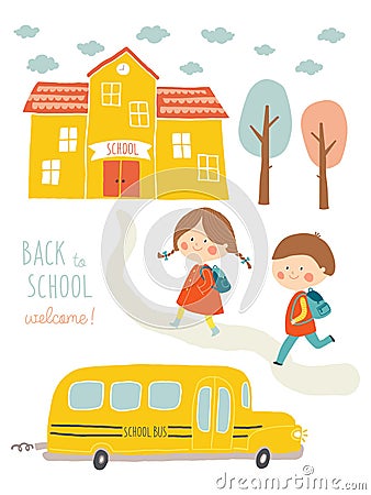 Happy first day of school card design. Kids going to school. Cute boy and girl with school building and school bus Vector Illustration