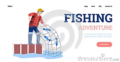 Landing page template with advertise of adventure and leisure in fishing season. Vector Illustration