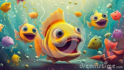 Happy Fishes at an Underwater Party. Generative ai Cartoon Illustration