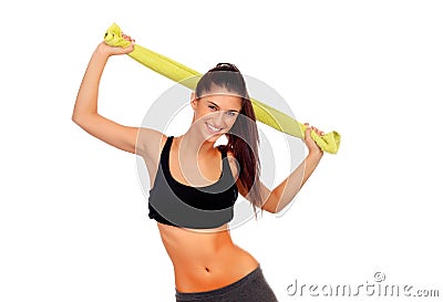 Happy fitness girl with green towel Stock Photo