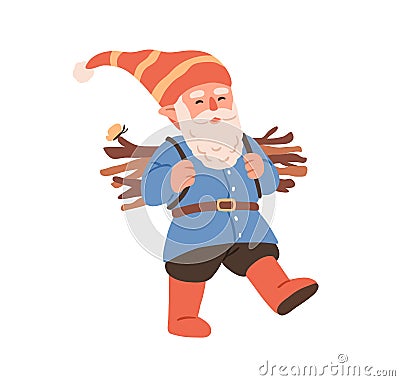 Happy forest gnome going, carrying dry twigs, firewood. Cute funny bearded dwarf walking with brushwood. Childish Vector Illustration