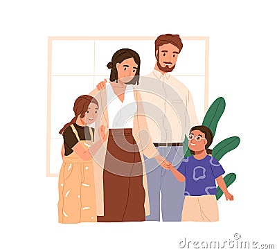 Happy foster parents adopting kid. Family with mother, father, daughter and her adoptive sister. Custody and adoption of Vector Illustration