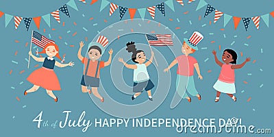 Happy Fourth of July. America Independence Day greeting banner template with happy kids with flags and hats jumping and having fun Vector Illustration