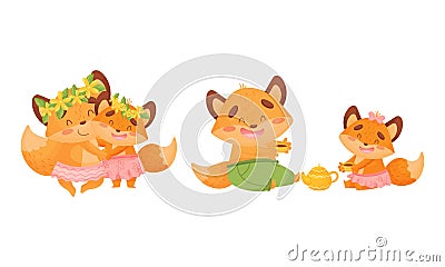 Happy Fox Family with Mother and Father Loving Their Little Cub Dancing and Drinking Tea Vector Set Vector Illustration