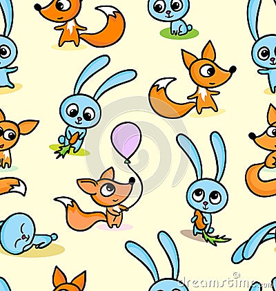 Happy foxes and bunnies on seamless pattern background Cartoon Illustration