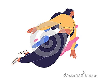 Happy free woman flying, floating in air. Inspired girl feeling inspiration, freedom in flight. Creative energy Vector Illustration