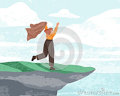 Happy free woman rejoicing on top, edge of mountain cliff. Person gesturing arms up, feeling independent, looking at sea Vector Illustration