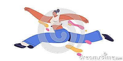 Happy free young woman flying, jumping with energy and enthusiasm. Carefree girl floating in air, feeling freedom, joy Vector Illustration