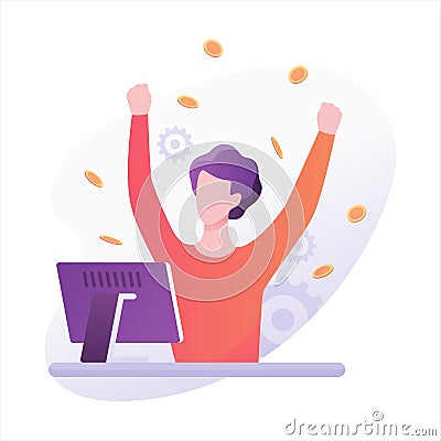 Happy freelancer character working at home. Man get money Vector Illustration