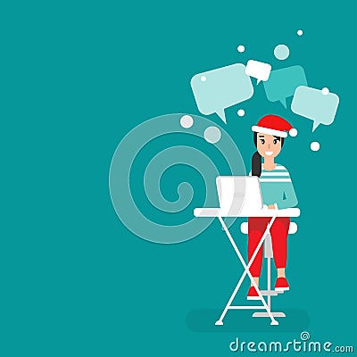 Happy freelancer girl with computer, santa hat and speech bubbles. creative hipster work at home Cartoon Illustration