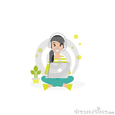 Happy freelancer girl with earphones and laptop. creative hipster work or study Cartoon Illustration