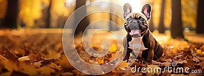 Happy French Bulldog dog on Autumn nature background, wide web banner. Autumn activities for dogs. Fall Care Advice For Dogs. Stock Photo