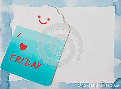 Happy Friday on blue watercolor frame and label paper Stock Photo