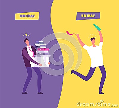 Happy friday concept. Businessman in sad overwhelmed monday vs relax friday. Enjoy weekend cartoon vector background Vector Illustration