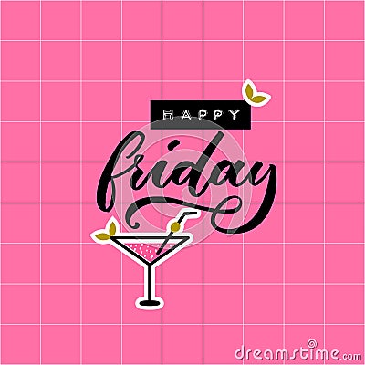 Happy friday. Inspirational saying, inscription for social media and cards. Embossed tape word and calligraphy caption Vector Illustration