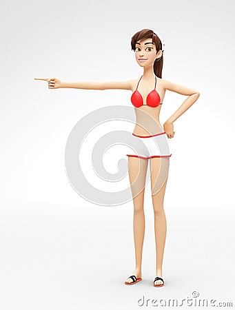 Happy and Friendly Jenny - 3D Cartoon Female Character Model - Pointing Finger with Smile Stock Photo