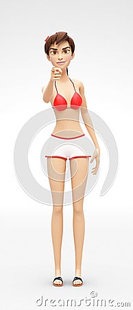 Happy and Friendly Jenny Smiling - 3D Cartoon Female Character Model - Pointing Finger Smirking Stock Photo