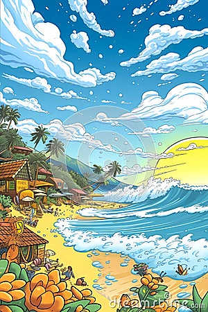 sketch of funky beach community high waves and big puffy white clouds in a bright blue sky Stock Photo