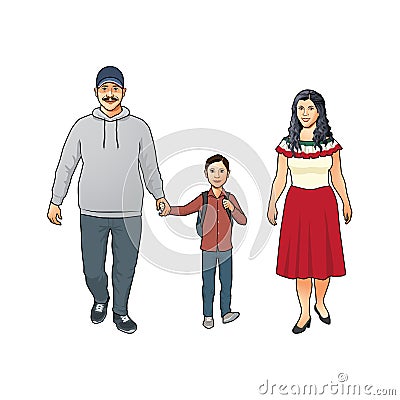 Happy friendly young Latino family with mother, father and their young son Vector Illustration