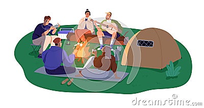 Happy friends at camping, campsite, sitting around fire on summer holiday. Campers, hikers relaxing at campfire Vector Illustration