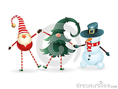 Happy friends celebrate Christmas - Scandinavian gnome, hidden gnome in christmas tree and snowman Vector Illustration