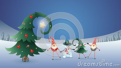 Happy friends celebrate Winter Solstice, Christmas and New Year. Scandinavian gnomes and snowman with decorated christmas tree. Bl Vector Illustration
