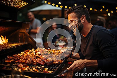 Happy friends in excited outdoor barbecue., generative IA Stock Photo