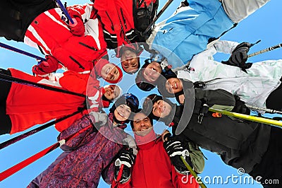 Happy friends feeling great in ski season Stock Photo