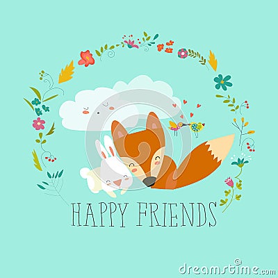 Happy friends. Fox,rabbit Vector Illustration