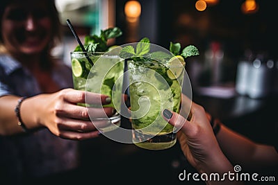 Happy friends group cheering mojito drinks in pub. Generative Ai Stock Photo