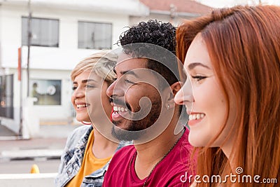 Happy friends having fun together at cafe bar outdoor. Summer, w Stock Photo