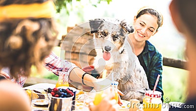 Happy friends having healthy pic nic breakfast at countryside farm house - Young people millennials with cute dog having fun Stock Photo