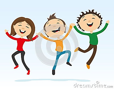 Happy friends holding hands in a jump Vector Illustration