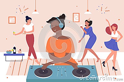 Happy friends home party with DJ, young black female DJ character mixing modern digital music Vector Illustration