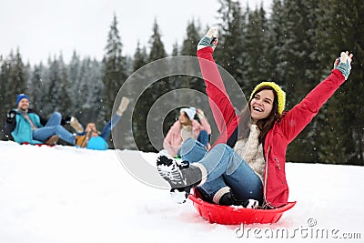 Happy friends sliding on sleds outdoors. Winter Stock Photo