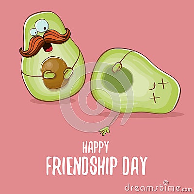 Happy friendship day cartoon comic greeting card with two green avocado friends. Friendship day concept funky greeting Vector Illustration