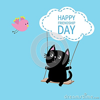 Happy Friendship Day. Cat ride on the swing. Cloud shape. Flying bird. Cute cartoon character. Kawaii baby pet collection. Friends Vector Illustration