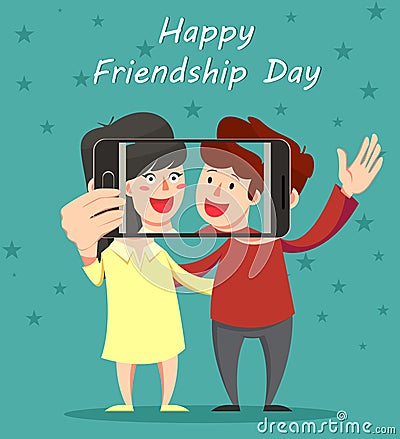 Happy Friendship day greeting card. Friends hugging, smiling and Vector Illustration