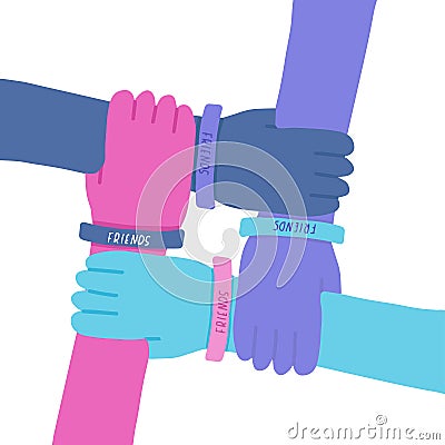Happy friendship day illustration. Colorful four hands crossed together on white background. Vector illustration of international Vector Illustration
