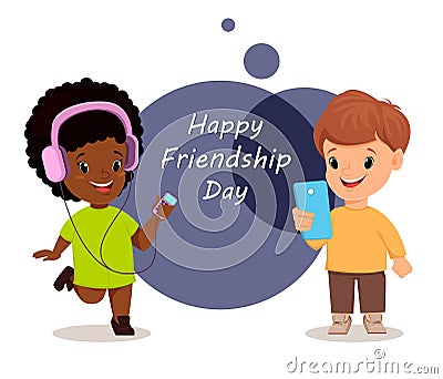 Happy Friendship day. Smiling girl and boy. Greeting card. Vector Illustration