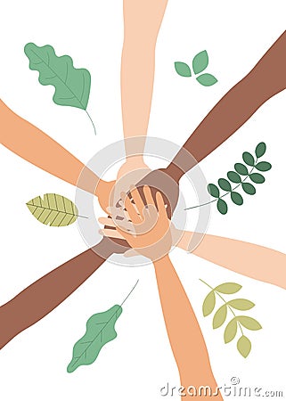 Happy Friendship Day web banner illustration of friends hands together in circle shape. People group hand round with diverse Cartoon Illustration