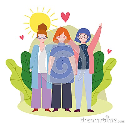 Happy friendship day, young group women unity relationship special event celebration Vector Illustration