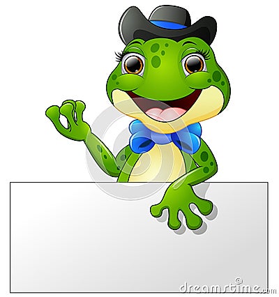 Happy frog cartoon holding blank sign Vector Illustration