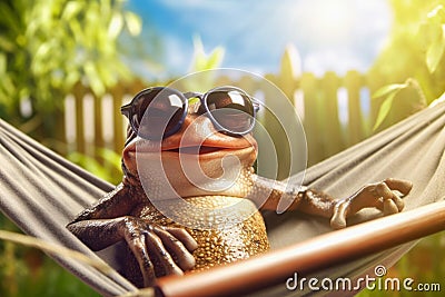 a happy frog relaxing in hammock in backyard, funny holiday and vacation concept, AI generative Stock Photo