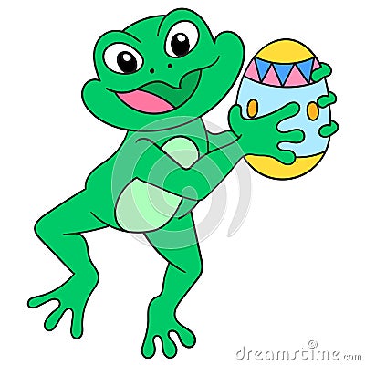 Happy frogs carrying eggs are celebrating Easter, doodle icon image kawaii Vector Illustration