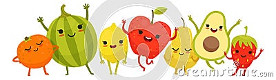 Happy fruits jumping. Funny fresh joyfull characters Vector Illustration