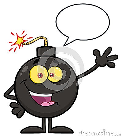 Happy Funny Bomb Cartoon Mascot Character Waving For Greeting. Vector Illustration