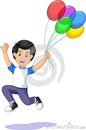 Happy Funny Boy Holding Colorful Balloons Cartoon Stock Photo