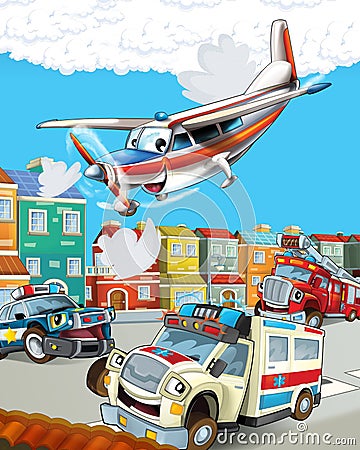 Happy and funny cartoon ambulance looking and smiling driving through the city and plane flying - illustration for children Cartoon Illustration