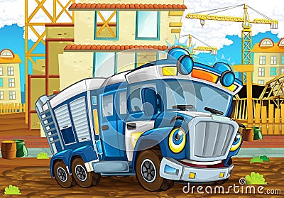 Happy and funny cartoon police truck looking and smiling driving through the city or construction site Cartoon Illustration